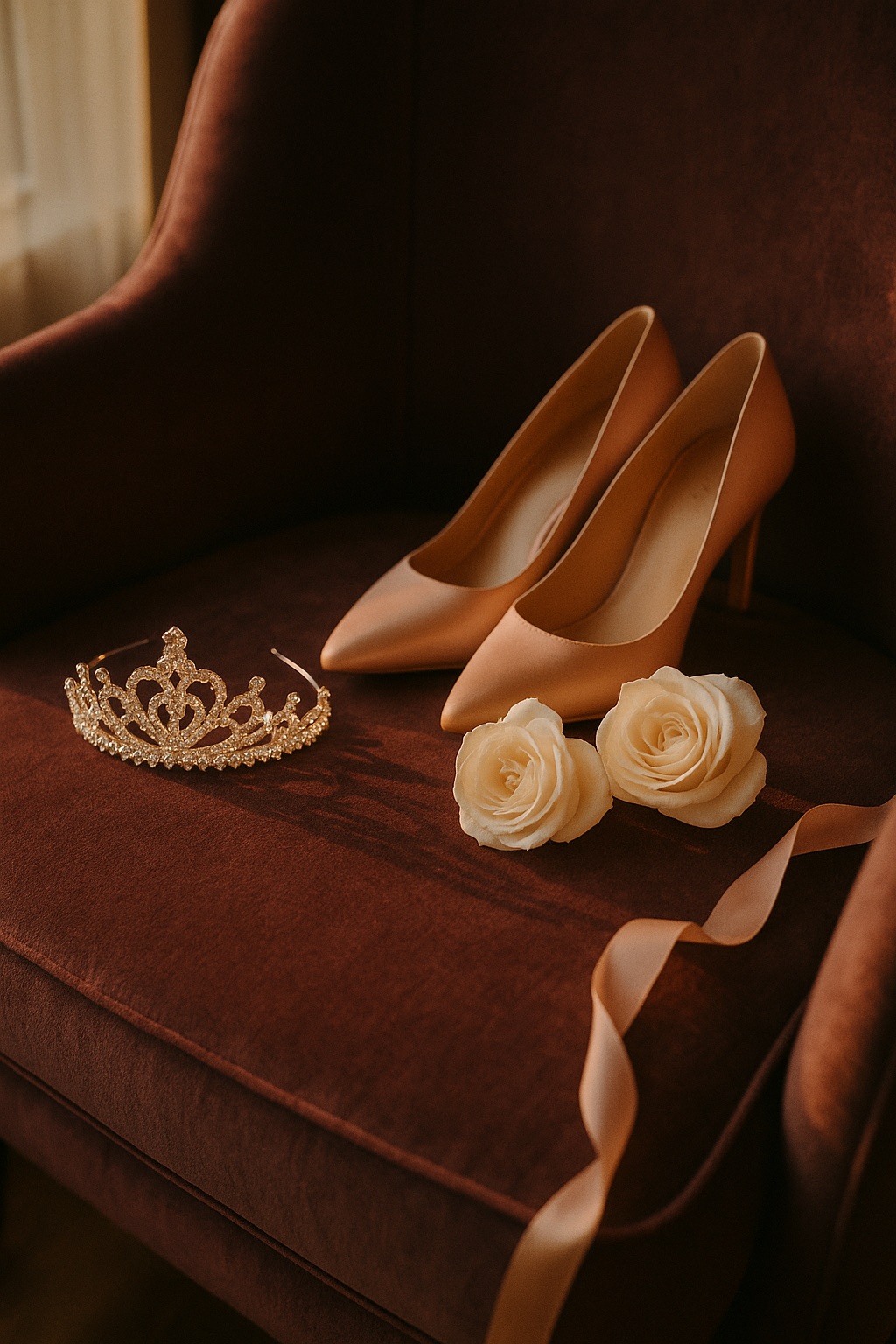 A crystal tiara, blush satin heels and white roses resting on a velvet chair