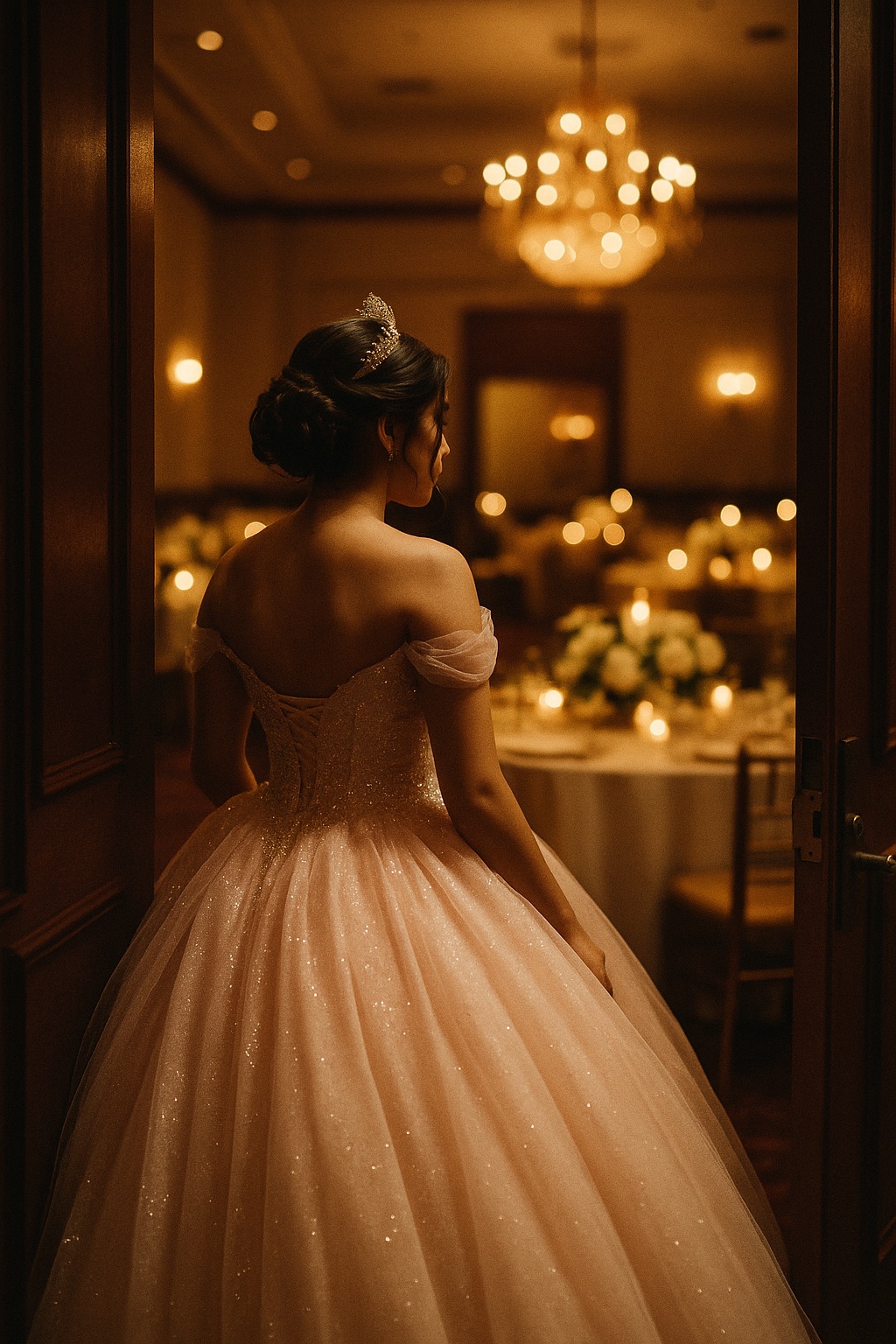 A quinceañera in a blush ball gown at the doors of a candlelit ballroom